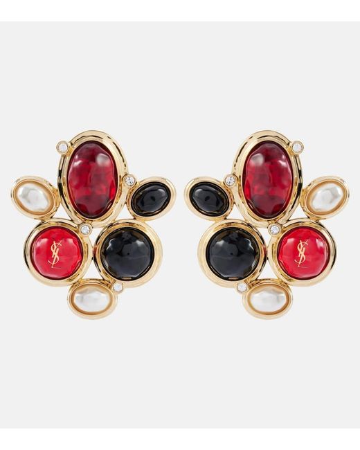 Saint Laurent Red Cassandre Embellished Clip-On Earrings