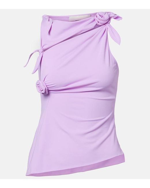 Coperni Purple Floral-Applique Gathered Jersey Top