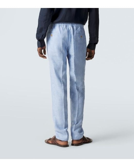 Rubinacci Blue Linen Slim Pants for men