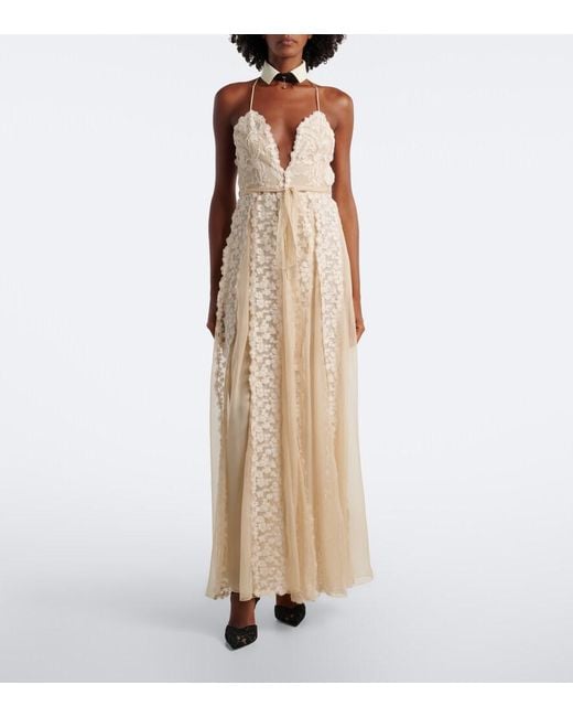 Fendi White Silk Chiffon And Lace Maxi Dress