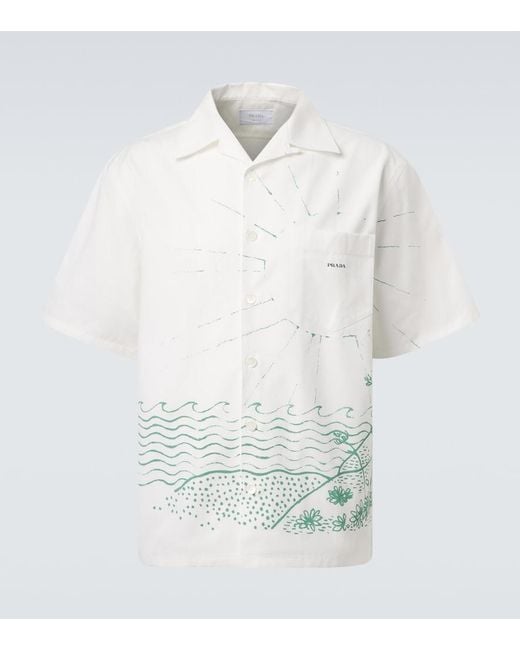 Prada White Printed Cotton Bowling Shirt for men