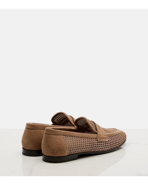 Brunello Cucinelli Brown Perforated Suede-Trimmed Leather Penny Loafers