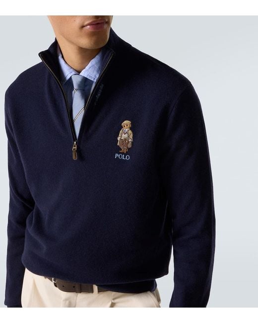 Polo Ralph Lauren Blue Polo Bear Wool Half-Zip Sweater for men