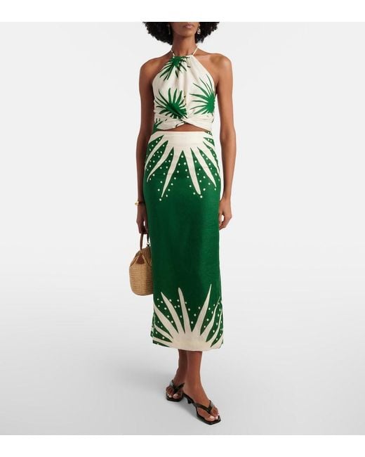 Cala De La Cruz Green Bruna Printed Linen Midi Skirt