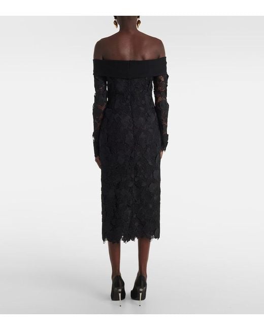 Oscar de la Renta Black Orchid Floral Guipure Midi Dress