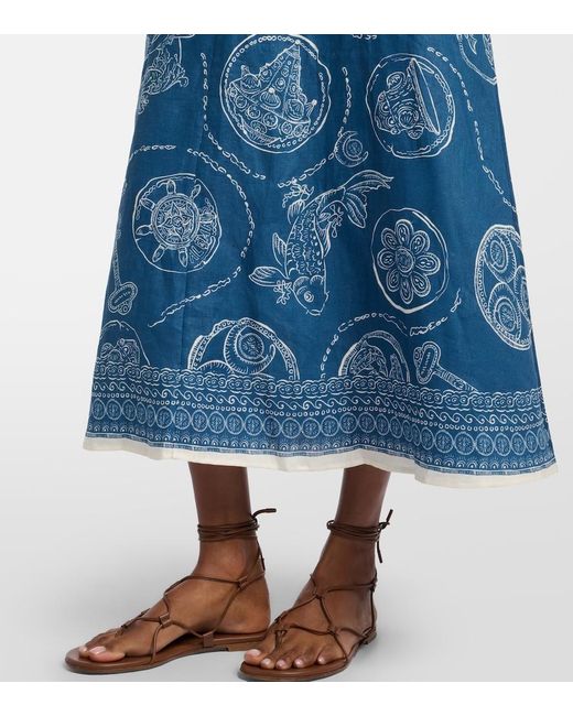 ALÉMAIS Blue Lucky Printed Linen Midi Dress