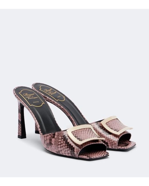 Roger Vivier Pink Trompette Snake-Print Leather Mules