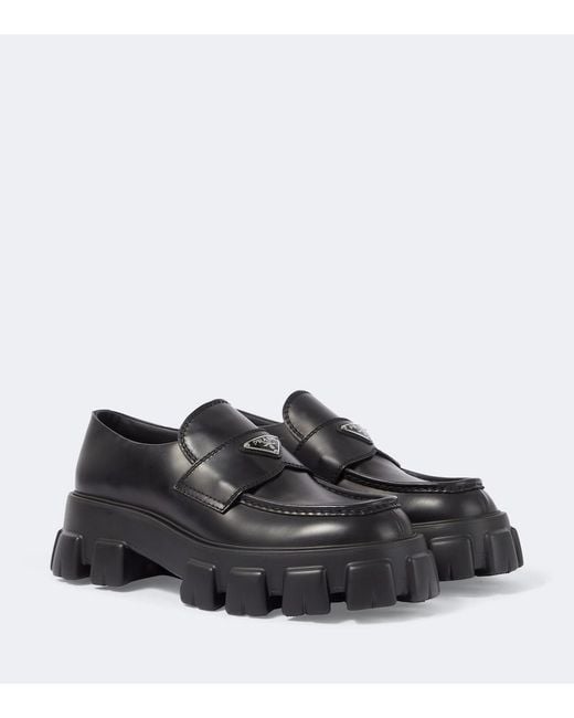 Prada Black Logo Leather Platform Loafers for men