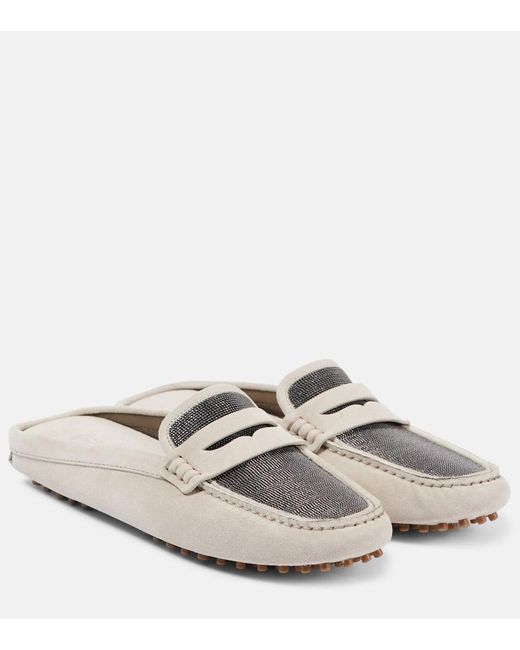 Brunello Cucinelli White Mokassins Monili Aus Veloursleder