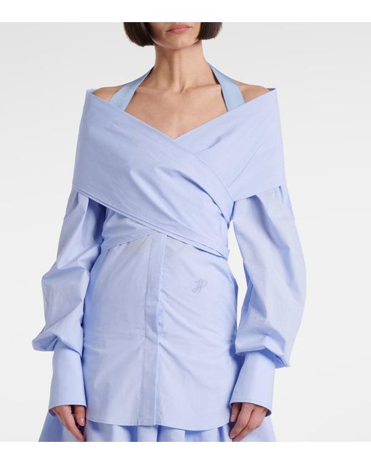 Patou Blue Draped Cotton Poplin Blouse