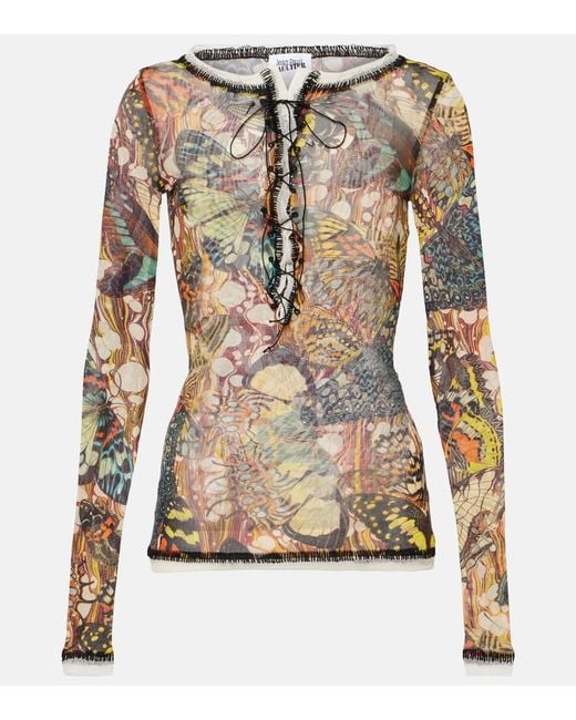 Jean Paul Gaultier Brown Printed Lace-Trimmed Mesh Top