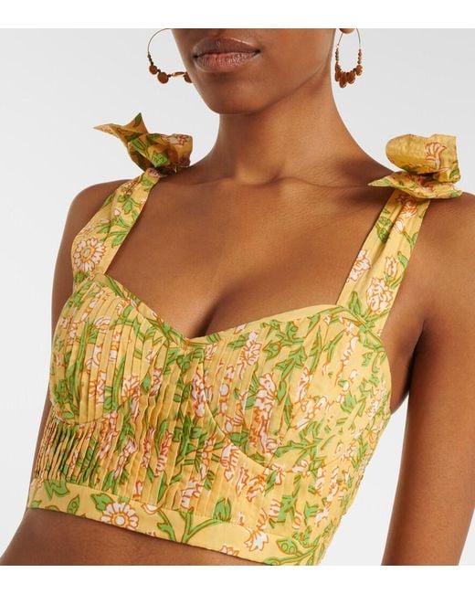 Poupette Yellow Carla Pleated Floral Cotton Crop Top