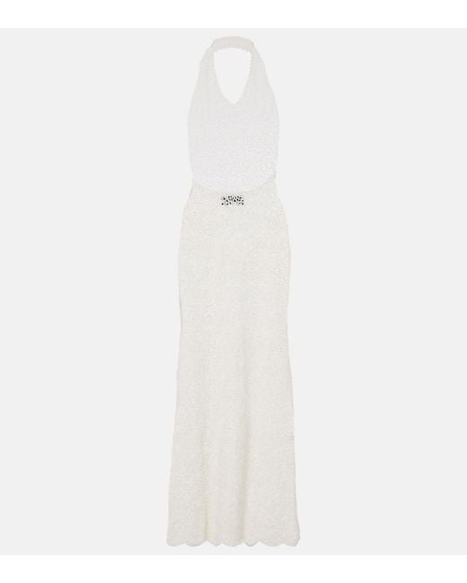 Nili Lotan White Eddie Crochet Halterneck Cotton Maxi Dress