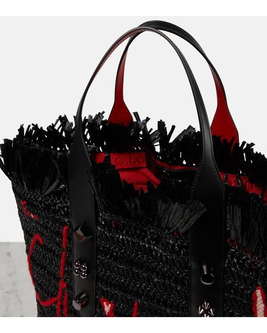 Christian Louboutin Black Frangibus Medium Embroidered Raffia Tote Bag