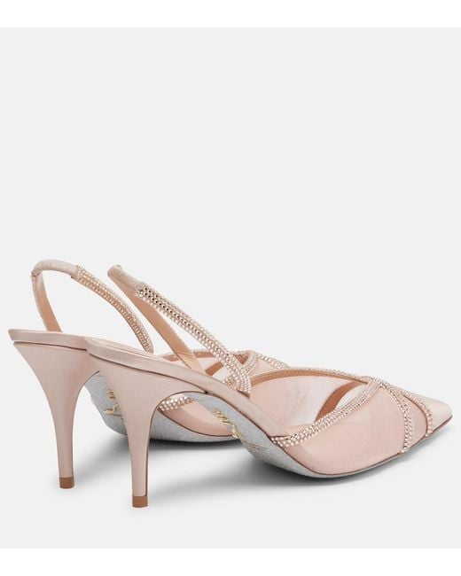 Rene Caovilla Pink Embellished Satin And Mesh Slingback Pumps