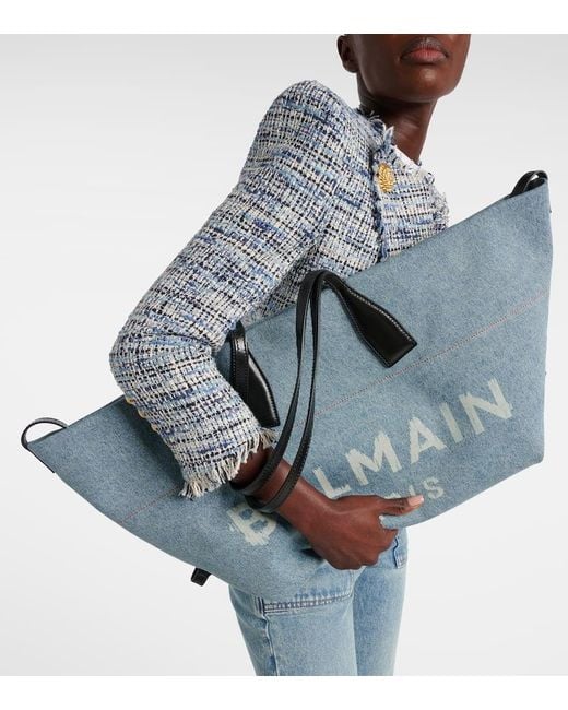 Balmain Blue Track Leather-Trimmed Denim Tote Bag