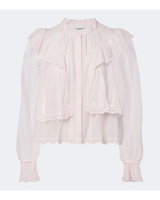 Isabel Marant Pink Kelmon Embroidered Ruffled Cotton Blouse