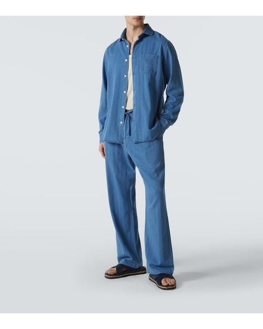 Frescobol Carioca Blue Emilio Herringbone Denim Shirt for men