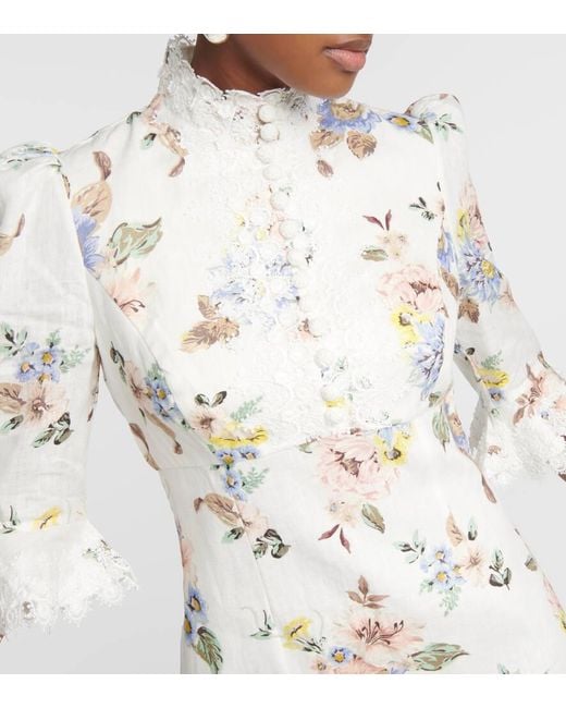 Vestido corto de lino floral con encaje Zimmermann de color White