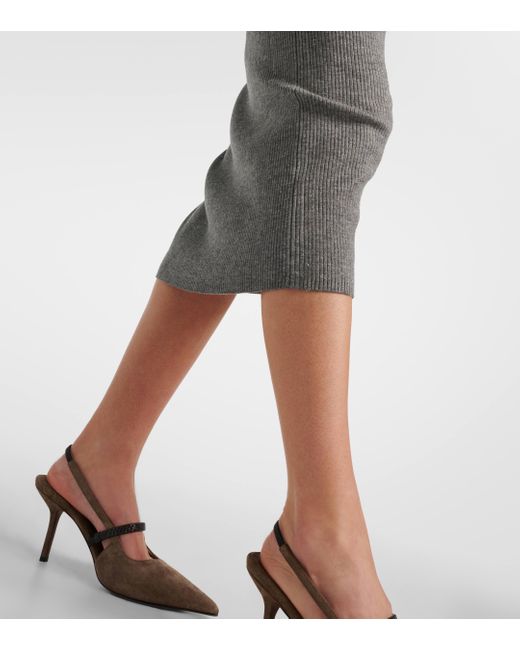 Brunello Cucinelli Gray Ribbed-knit Midi Skirt