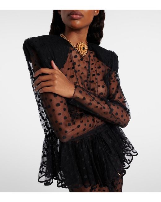 Chloé Black Polka-Dot Peplum Cotton-Blend Tulle Top