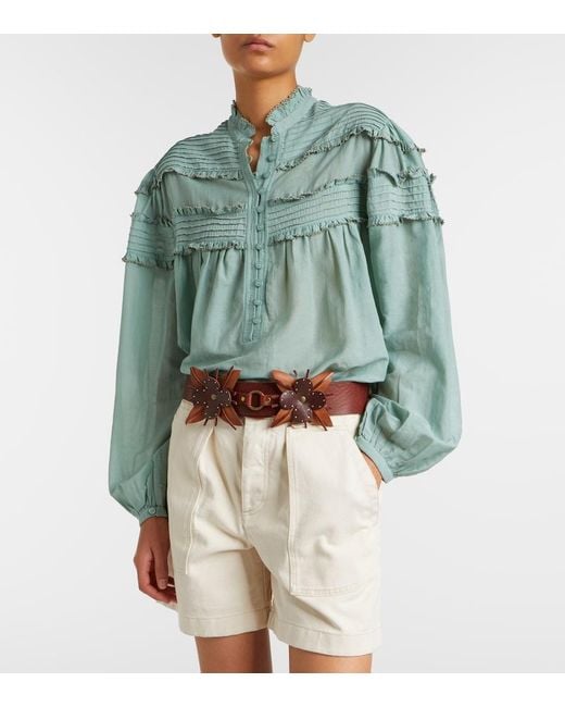 Isabel Marant Green Doana Cotton-Blend Ruffled Blouse