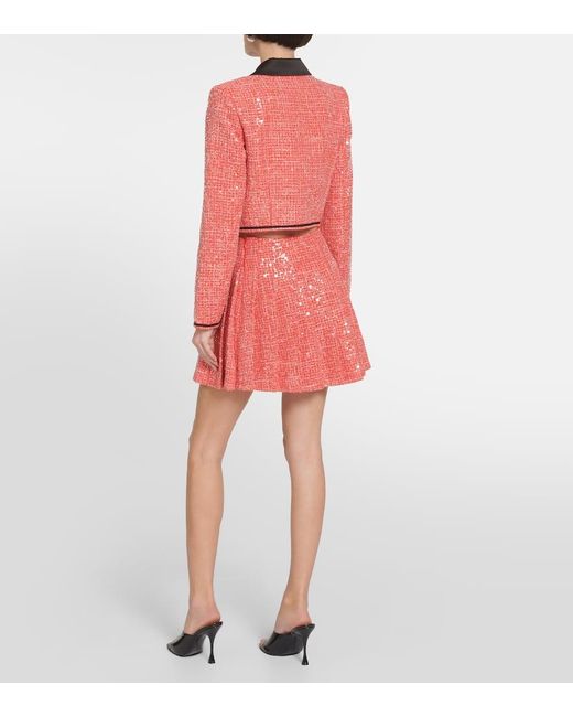 Self-Portrait Red Pleated Sequined Boucle Miniskirt