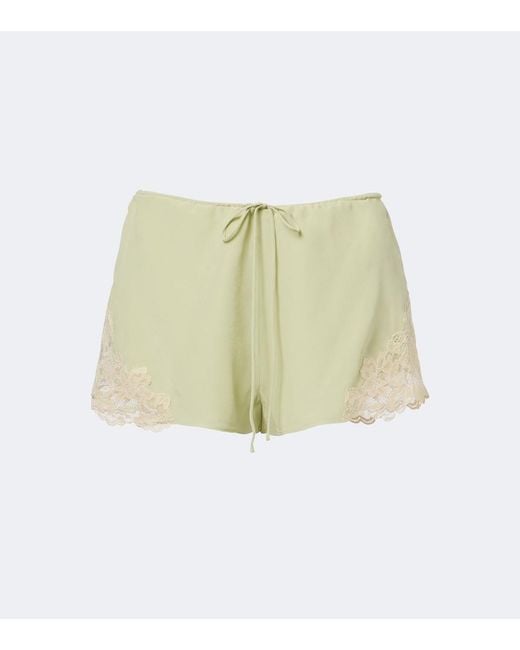 De La Vali Green Elia Lace-Trimmed Crepe De Chine Shorts
