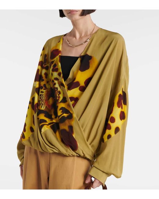 Dries Van Noten Yellow Printed Draped Satin Blouse