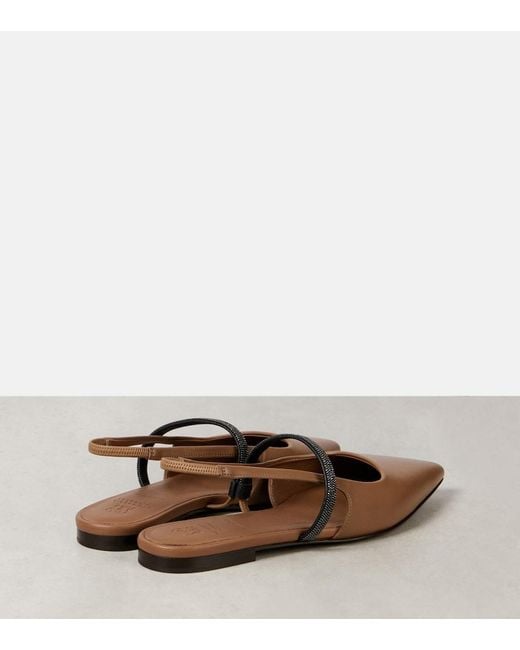 Brunello Cucinelli Brown Pointy Leather Slingback Flats