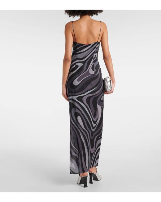 Emilio Pucci Black Printed Silk Crepe V-neck Long Dress