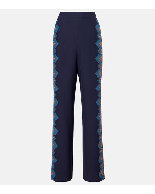 Etro Blue Printed Silk Crepe De Chine Straight Pants