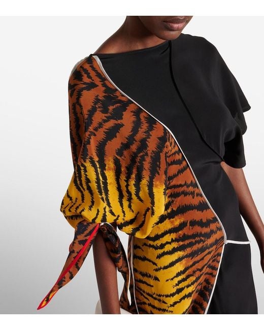 Victoria Beckham Black Asymmetric Animal-Print Silk Maxi Dress