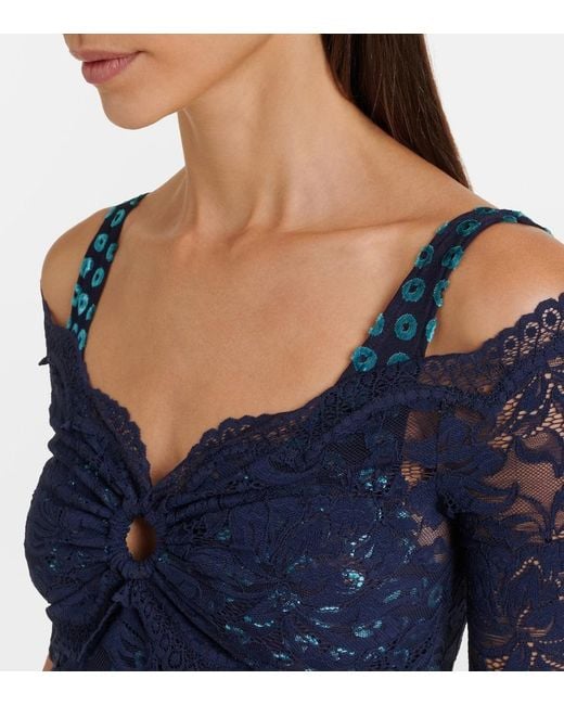 Rabanne Blue Trompe L'Oil Lace And Velvet Crop Top
