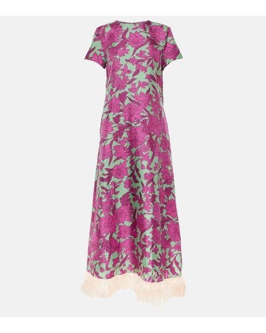 LaDoubleJ Purple Swing Feather-trimmed Floral-print Silk-twill Maxi Dress