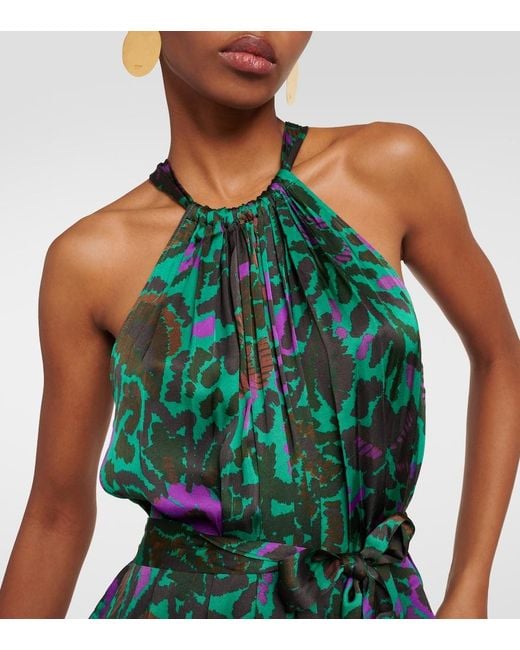 Velvet Green Kareese Printed Satin Midi Dress
