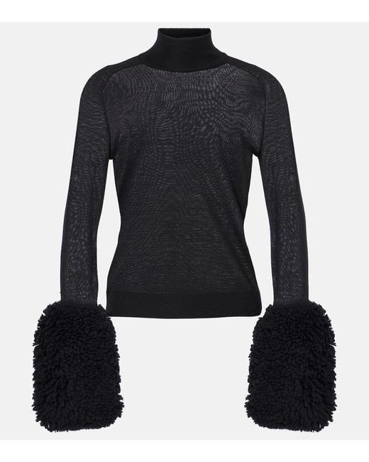 Alaïa Blue Faux Fur-Trimmed Wool Turtleneck Top