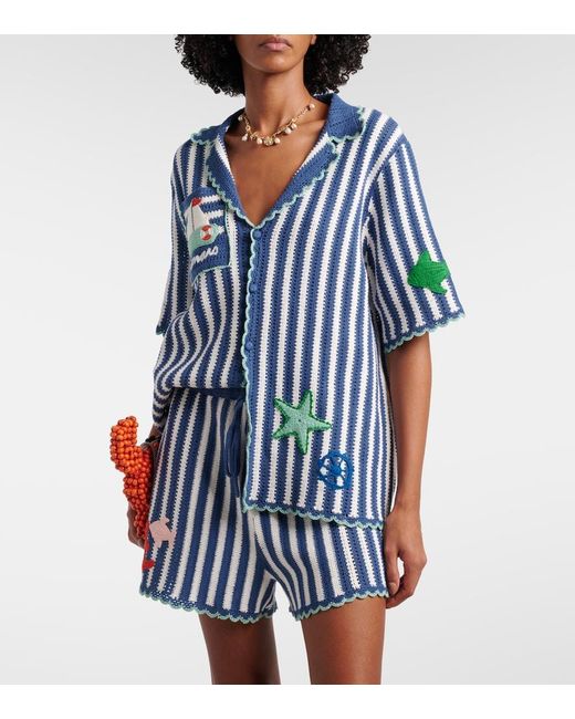 ALÉMAIS Blue Crochet Striped Cotton Shirt