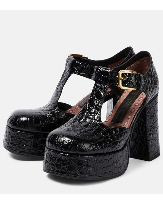 Etro Black Croc-effect Leather Mary Jane Pumps