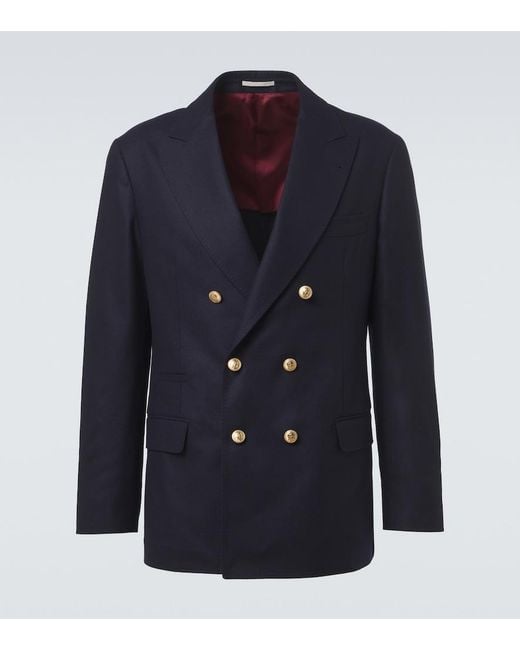 Brunello Cucinelli Blue Double-Breasted Virgin Wool Blazer for men