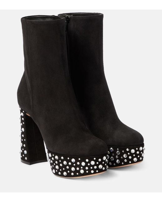 Gianvito Rossi Black Crystal Holly Suede Platform Ankle Boots
