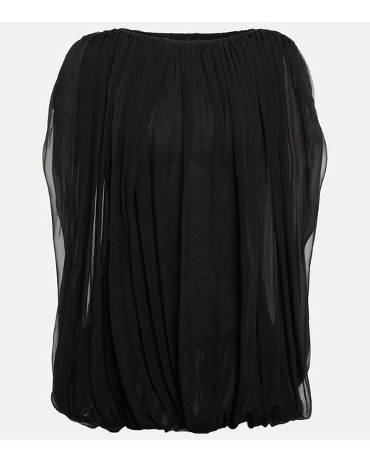 Rick Owens Black Gathered Silk Chiffon Top