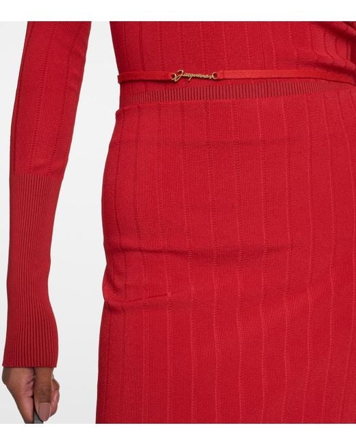 Jacquemus Red Viscose Knit Ribbed Midi Skirt