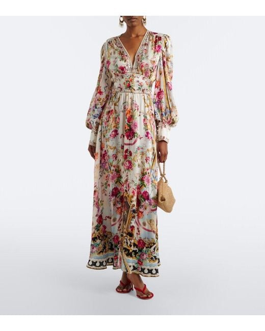 Camilla White Floral Silk Satin Maxi Dress