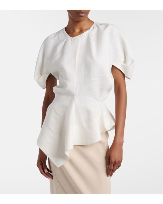 Khaite White Rumi Peplum Linen-Blend Top