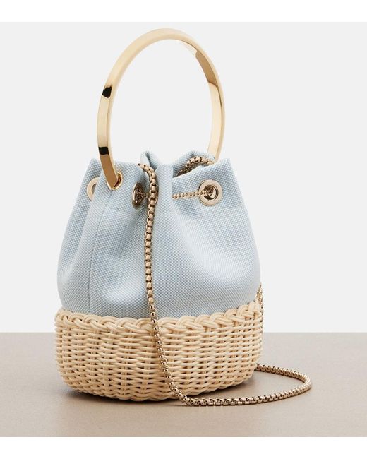 Jimmy Choo Blue Bon Bon Canvas And Wicker Bucket Bag