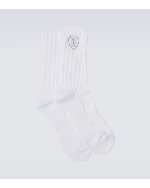 Brunello Cucinelli White Embroidered Cotton-Blend Socks for men