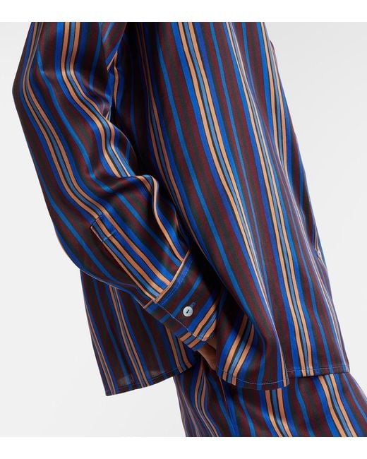 Asceno Blue Maya Striped Silk Charmeuse Pajama Shirt