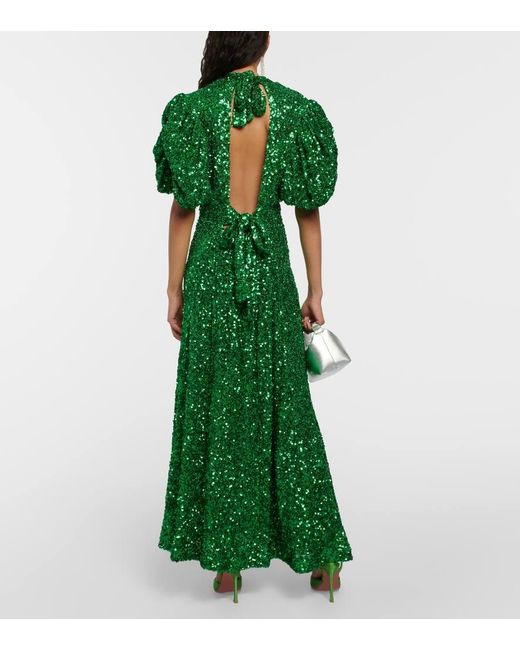 ROTATE BIRGER CHRISTENSEN Green Sequined Puff-Sleeve Maxi Dress