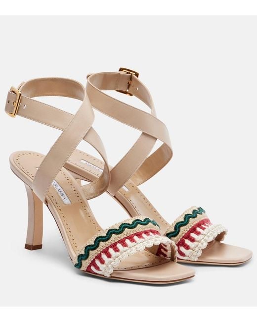 Manolo Blahnik Metallic Mabeco 90 Embroidered Leather Sandals